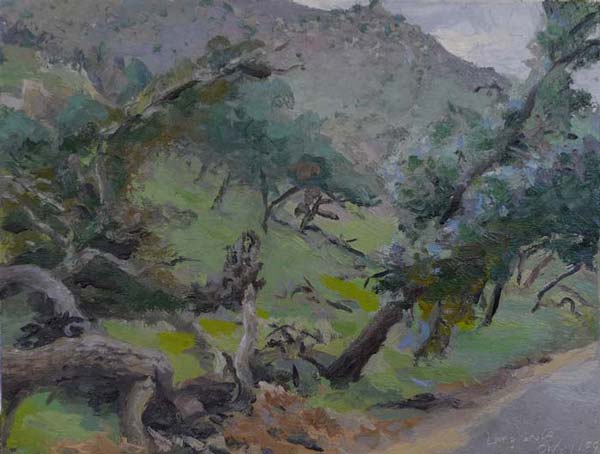 landscape painting of oak trees on a steep hill