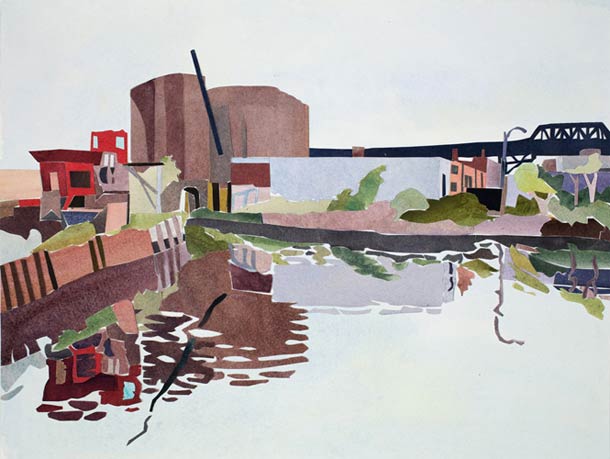 Elizabeth O'Reilly Rock Crusher and Canal - Watercolor and Collage