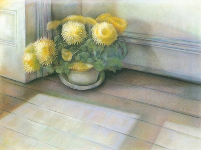 Mums in Winter Light, 1986, conté crayon, colored pencil, pastel, 25 1/8 x 33 7/8 inches