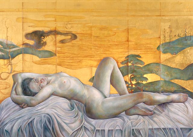 Passage of the Moon, 1998, oil and gold leaf on wood panel, 47 1/2 x 67 1/2 inches