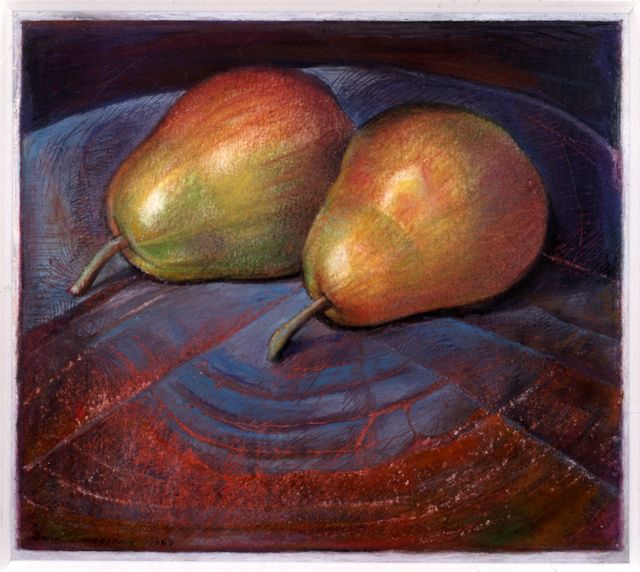 Red Pears, 1987, conté crayon, colored pencil, pastel, crayola, oil pastel, 5 1/2 x 6 3/8 inches
