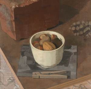 Susan Jane Walp, Nuts in a White Cup with Brick, Pine Cone, Xerox and Clothespin, 2008. Observational, mixed Apollonian/Dionysian. Credit: Courtesy of the artist and Tibor de Nagy Gallery, New York