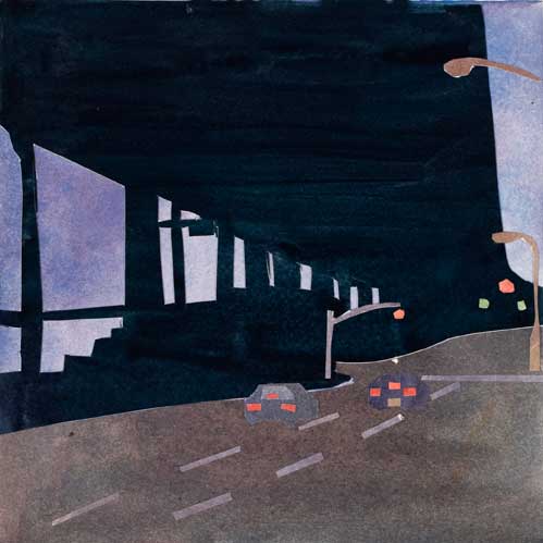 Night Under Expressway, 2007, Watercolor and Collage, 8” x 8”
