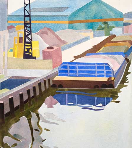 Barges at Hamilton Ave, 2009, Watercolor and Collage, 13" x 11¾”