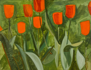 EIGHT RED TULIPS 1980 oil on masonite 14 x 18 inches