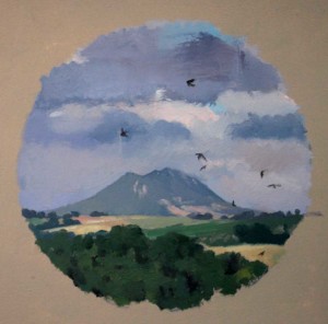 Mt. Soratte with Swallows 8x8 round  oil on paper