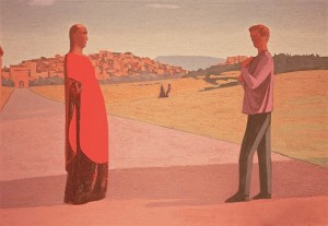 Couple Near a Town, 1999, 15.5x22", mixed media/oil on panel