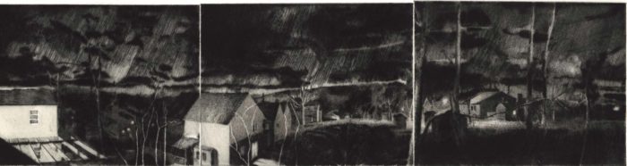Night Panorama 1, drypoint, pen and ink, and graphite on Rives BFK paper, 3 x 11 7/8 1997 - 2000