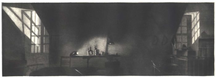 mezzotint on chine collé on Rives BFK paper, The hand-rocked mezzotint plate for this work was scraped and burnished over a period of eight years. 4 1/8 x 12, 1996 - 2004