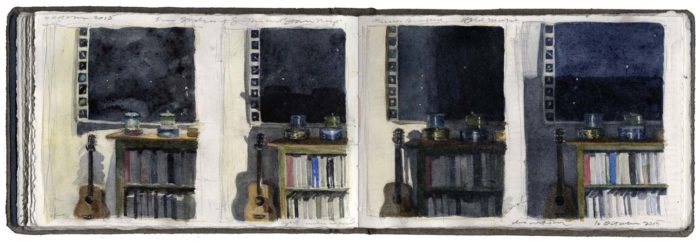 Four Studies of a Guitar and Star Map, Journal Entry Book 143, Sheet: 4 x 6" watercolor, graphite, and pen and ink on Arches paper in bound volume, March 2, 2016