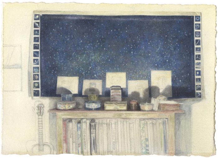 Star Map with Five Drawings II, Work In Progress Sheet: 4 x 6" watercolor, gouache, and graphite on Fabriano paper, Begun begun 22 January 2016. First state.