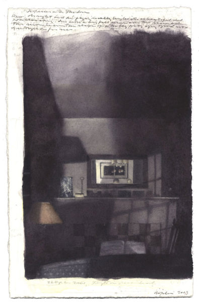 Interior with Shadows, 4 x 6" watercolor, pen and ink, and graphite on Fabriano paper, Fourth state. 2009