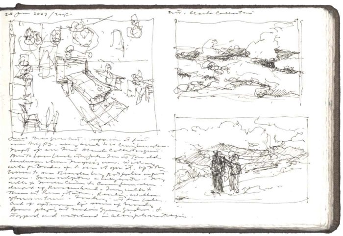  AboutDrawingsPrintsSketchbooksJournalArchiveContact Three Gesture Drawings after Paintings by Vincent Van Gogh and Winslow Homer, Sheet: 4 x 6" pen and ink and watercolor on Arches paper in bound volume, Studies made at the Metropolitan Museum of Art, New York.