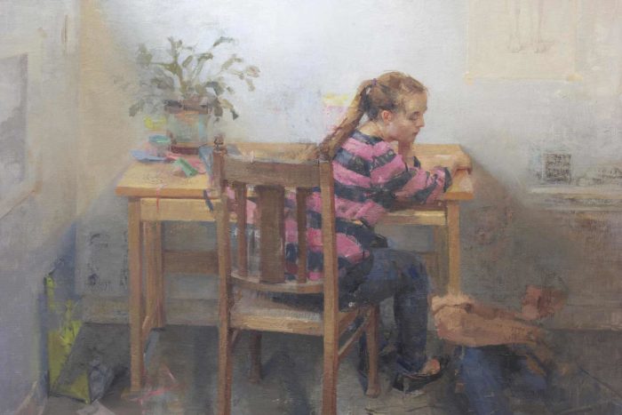 Girl in striped shirt, oil on linen, 24 x 42" 